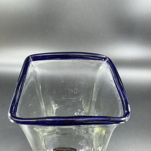 Krosno Jozefina Hand Blown Glass Vase Made In Poland Clear Cobalt Blue Edges VTG - Picture 6 of 16
